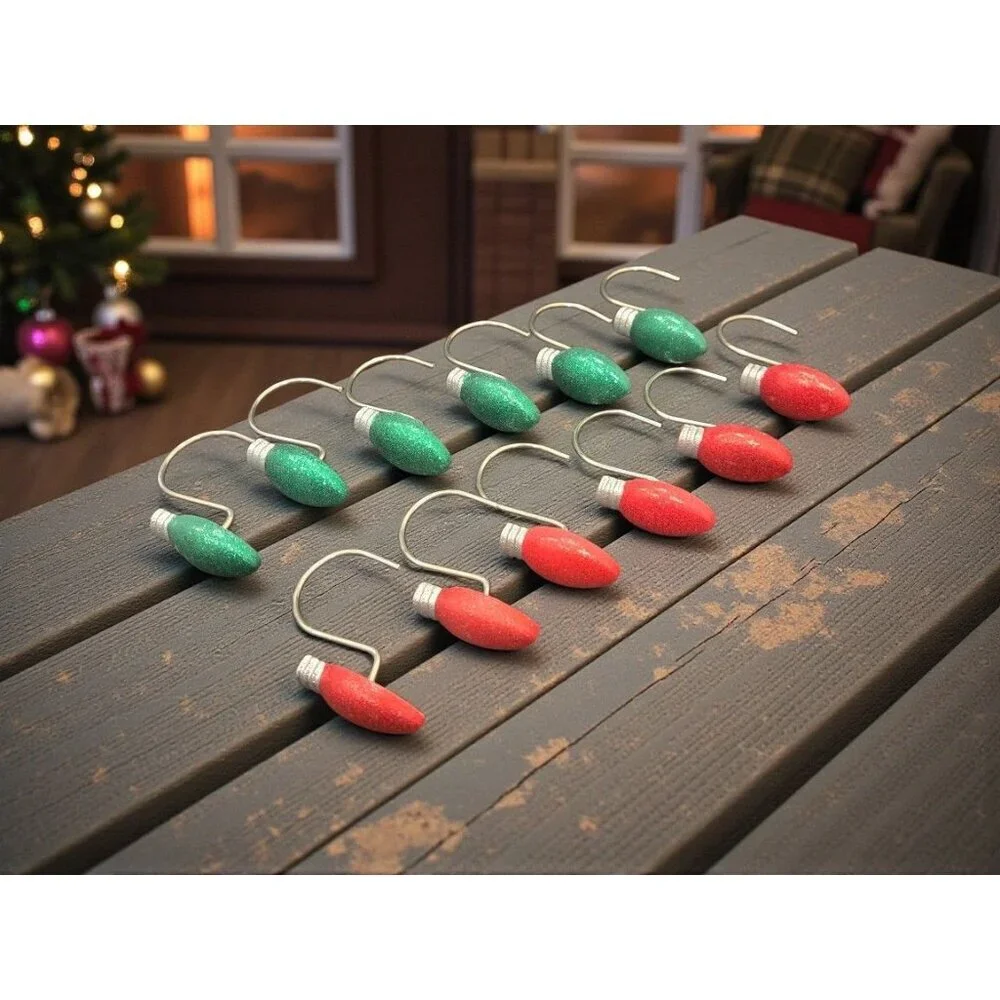 New Christmas Holiday Red / Green Lights Bathroom Shower Curtain Hooks